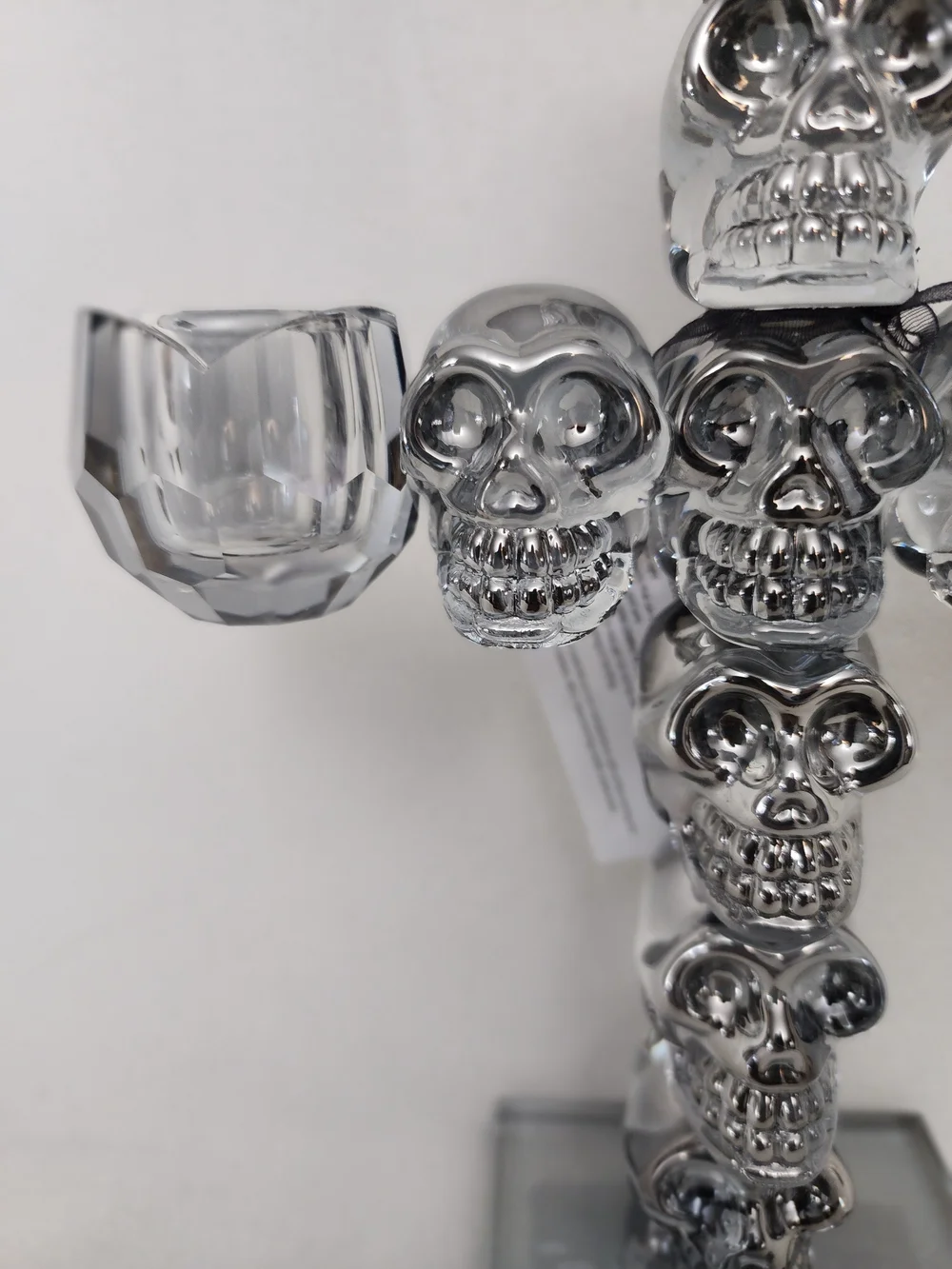 Crystal SOLID GLASS Skull Cross Candle Holder - Silver